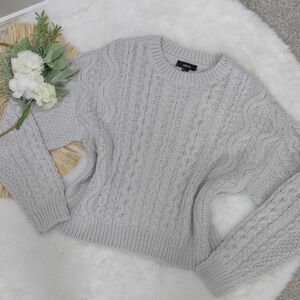 AQUA Bloomingdale's Exclusive Cable Knit Crewneck Sweater Silver Cloud Size XS